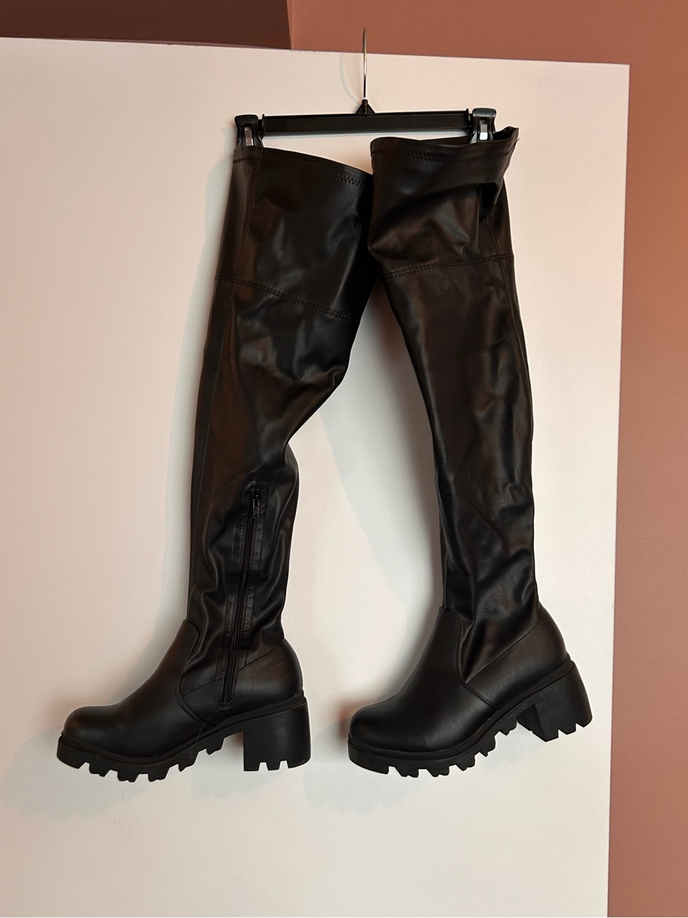 Wide Calf, Vegan Leather, Thigh High Chunky Heel Boots